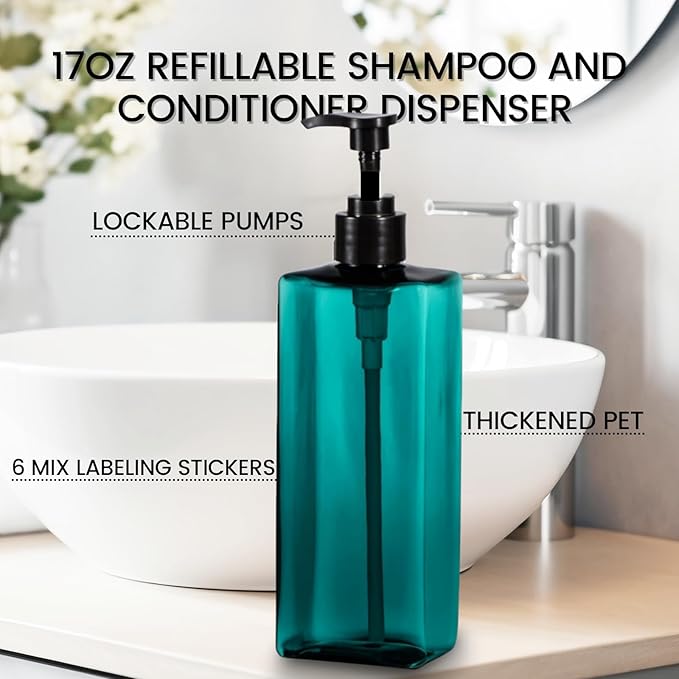 Shampoo and Conditioner Dispenser Set, 3Pack Refillable Shampoo and Conditioner Bottles with Labels, 500ml Soap Dispenser 16.9oz Shower Dispenser Square Pump Bottle for Bathroom and Kitchen - Sea Blue