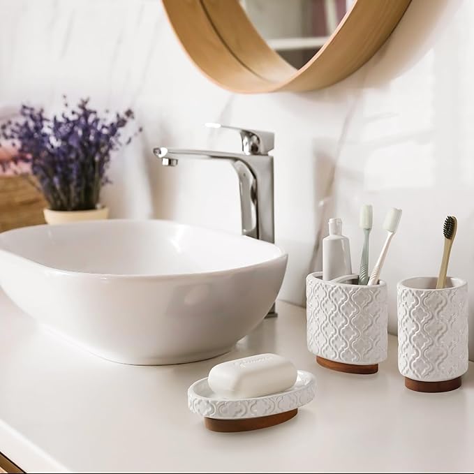 Elegant Bathroom Accessories Set 5 PCS Ceramic and Wood Bathroom Accessory Set Soap Dispenser Toothbrush Holder Tumbler Soap Dish Cotton Swab Jar Easy to Clean Quatrefoil Pattern White