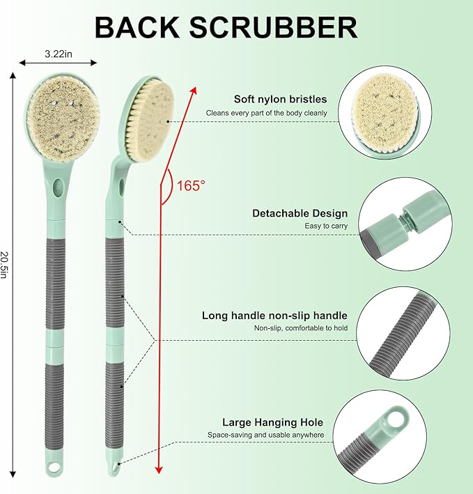 Back Scrubber Anti Slip for Shower, 21.7” Detachable Back Bath Brush for Shower, Back Scrubber, Exfoliation and Improved Skin Health for Elderly with Limited Arm Movement, Disabled (21.7” Cyan)