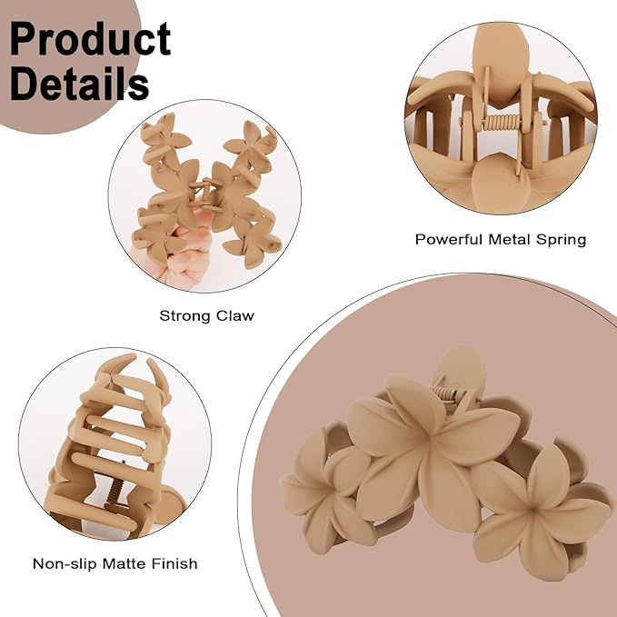 Women's Matte Flower Claw Clips - Non-slip, Cute Claws for Thick & Thin Hair, Neutral Colors, Strong Hold Hair Accessories