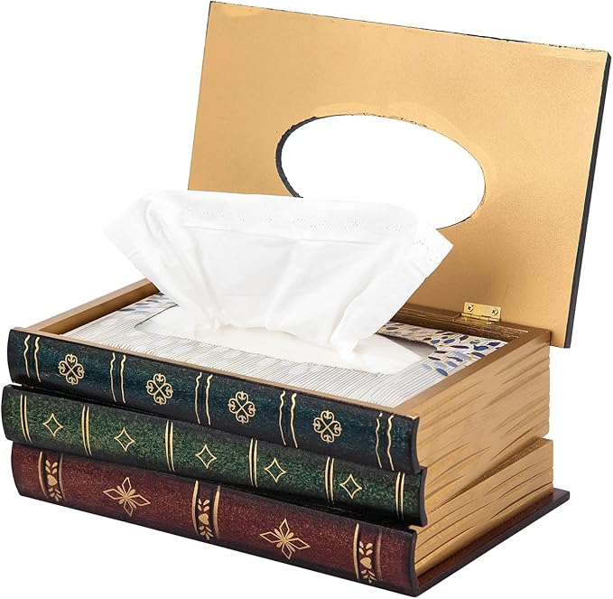Crafted Classical Retro Wooden Antique Book Tissue Box Cover Rectangular Tissue Holder Dispenser Paper Cover Case Napkin Holder Home Decor for Bathroom Living Room Office car Kitchen (Dark Green)