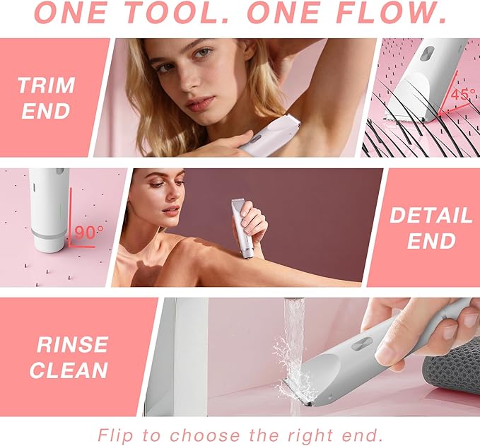 Bikini Trimmer for Women, Dual-Ended Electric Razor Personal Shaver for Bikini Line & Pubic Hair, Waterproof USB-C Rechargeable Body & Face Trimmer for Underarms & Legs (Pearl White)