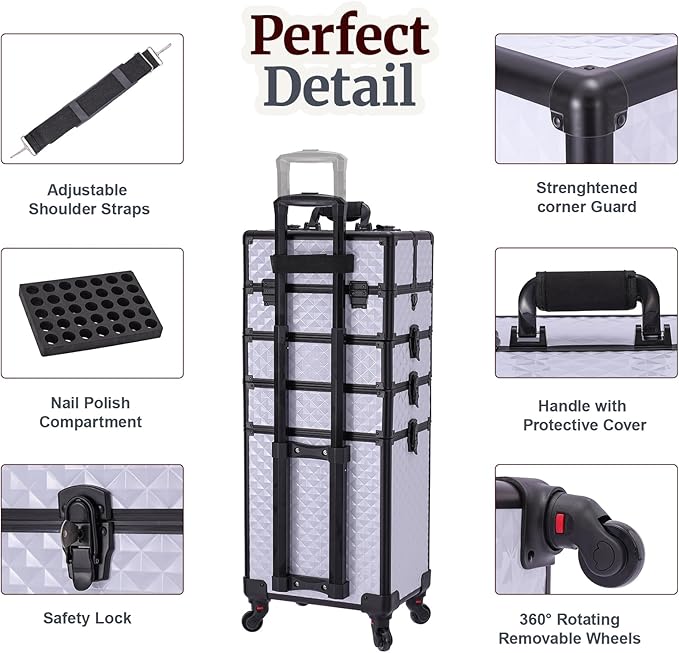 TOPACK Professional 4-In-1 Rolling Makeup Train Case, Large Makeup Travel Case with Key Shoulder Strap/Handle Cushion，Makeup Train Case Organizer，Cosmetology Case on Wheels I White