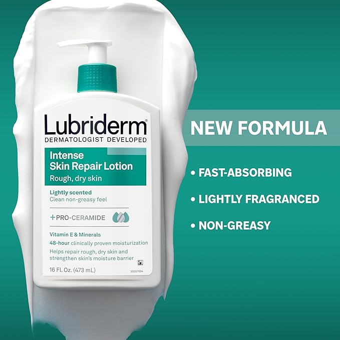 Lubriderm Intense Skin Repair Moisturizing Hand & Body Lotion + Pro-Ceramide, 48-Hour Hydration for Rough, Dry, & Sensitive Skin, Non-Greasy, Hypoallergenic, Lightly Scented, 16 fl. oz