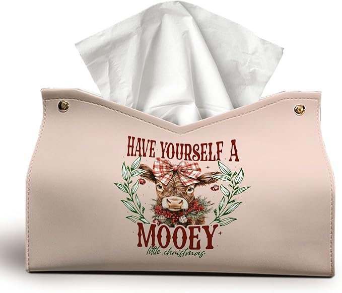 Christmas Highland Cows Tissue Box Cover Rectangle, Winter Bows PU Tissue Holders Decorative for Farmhouse Kitchen, Holiday Lodge Christmas Decor Highland Cow Gifts for Women Girls 9.8x5.9x5.9