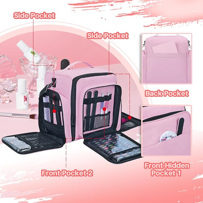 Nail Polish Organizer Storage Box, Holds 90 Bottles of Nail Polish, Portable Travel Case with 3 Separate Storage Bags, Can Be Used for Nail Art Supplies, Manicurists, etc Pink