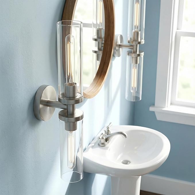 Wall Sconces 2-Pack, Hardwired Bathroom Light Fixtures, Modern Farmhouse Vanity Wall Lighting with Clear Glass Shades, E26 Base Wall Sconce Wall Lights for Bathroom Wall Decor, Brushed Nickel