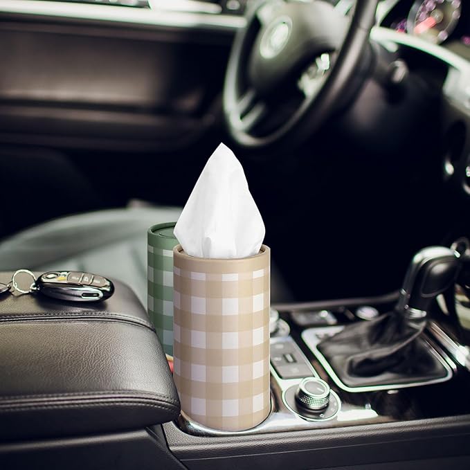 12 Set Green Plaid Tissue Boxes for Car Cylinder Bulk Fresh Plaid Round Cylinder Holder with 3 Ply Facial Tissues for Spring Summer Travel Bathroom Office Decoration