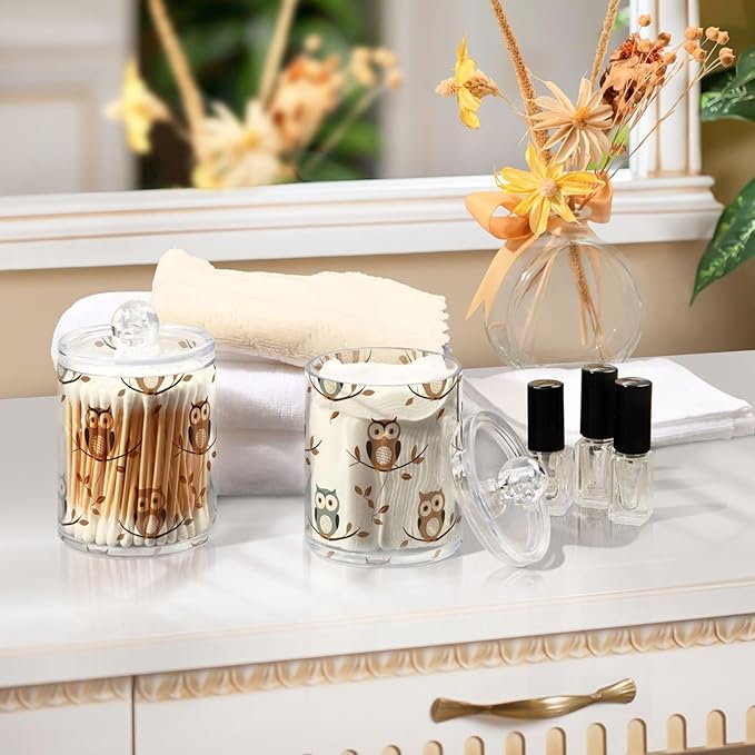2 Pack Qtip Holder Dispenser for Cotton Ball Owl Forest Little Animal Cotton Swab Round Pads Clear Plastic Acrylic Jar Set Bathroom Canister