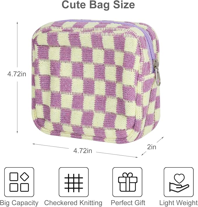 Sanitary Napkin Storage Bag, Menstrual Pad Zipper Bag Checkered Portable Period Bag Panty Liners, Tampon Storage Pouch for Women Ladies Daily Use Storage Purse Travel