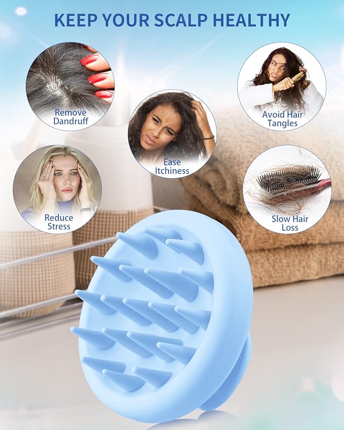 BEAUTLOHAS Silicone Scalp Massager Shampoo Brush, Shower Scrubber with Soft Bristles, Hair Growth & Dandruff Treatment, Wet/Dry Hair Massager for All Hair Types (Blue)