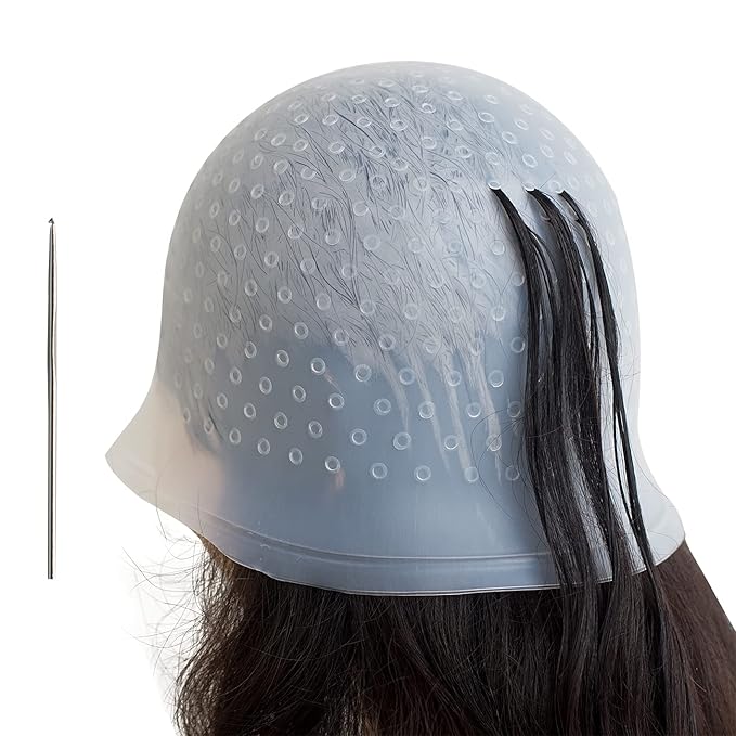 Pre Holes Highlighting Cap Reusable Bleaching Silicone Hair Highlight Cap with Hook Thick Hair Cap for Highlights DIY Dyeing Color