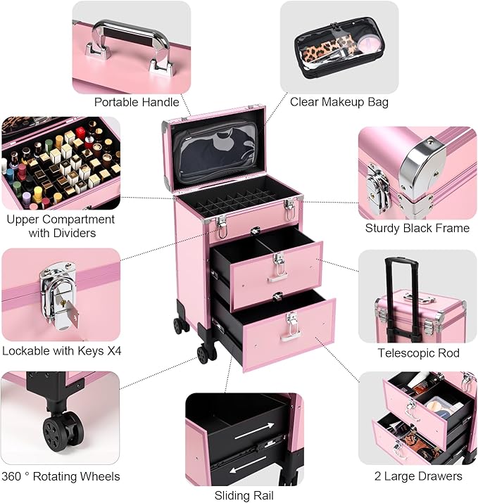 3 in 1 Rolling Makeup Case, Professional Cosmetology Case on Wheels, Detachable Clear Makeup Bag & Nail Polish Organizer, Portable Makeup Trolley with Drawers for Makeup Artists & Nail Technicians
