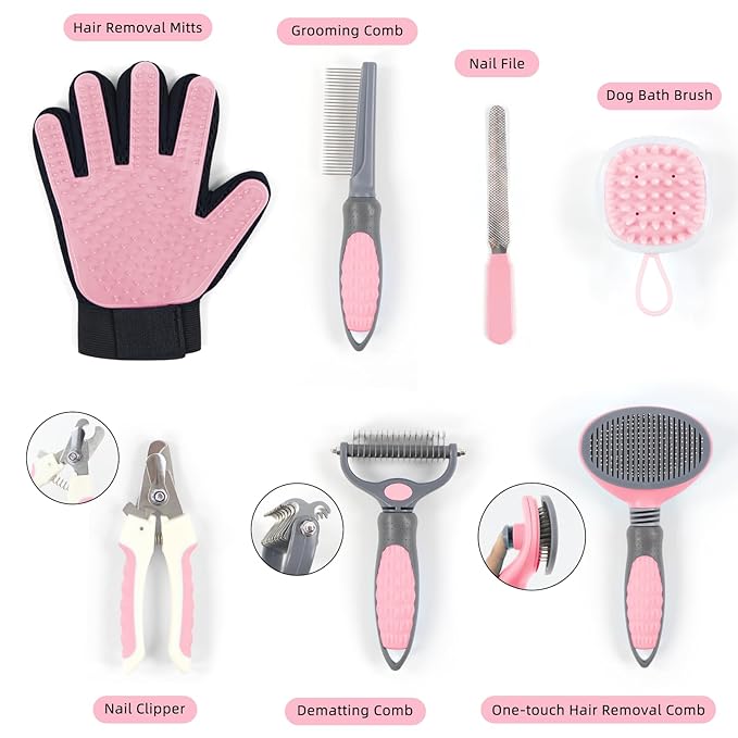 Wisedog Pet Grooming Kit - Nail Clipper Set, Dematting & Hair Removal Combs, Bath Brush, Mitts (Upgraded Pink)