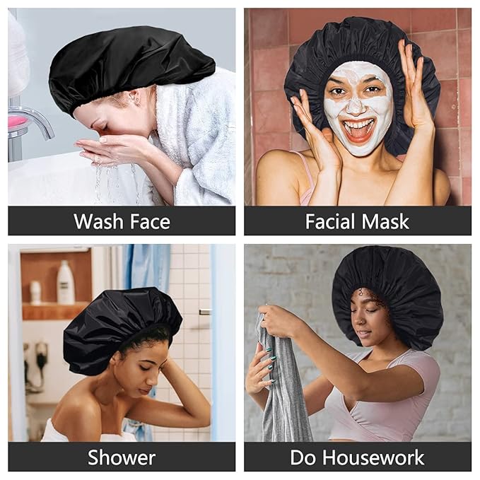 Auban Extra Large Shower Cap, Double-Layer Waterproof Reusable, XL Satin Lining Shower Bonnet for Women Thick, Long Hair, Locs, Braids(Black)