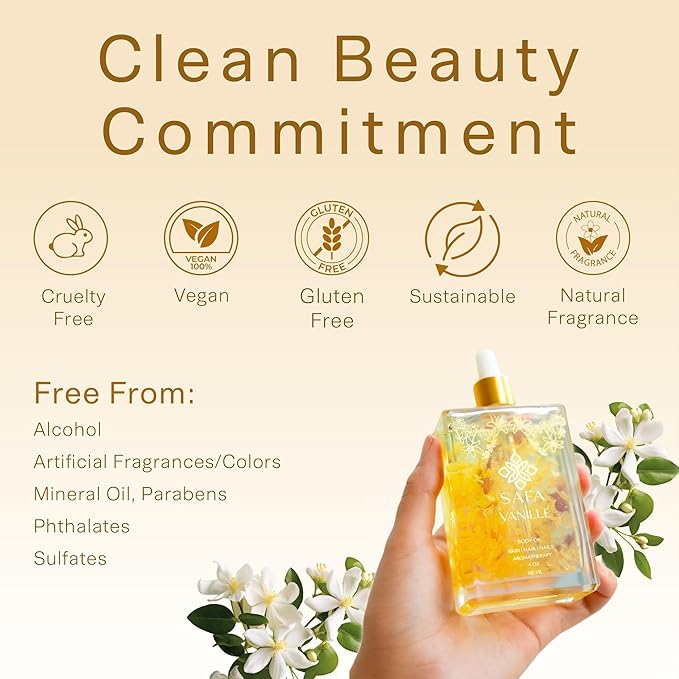 SAFA Vanillé Oil - Organic Oil for Face, Body, Hair, Nails & Aromatherapy | Vanilla Extract & Jasmine Petals - Essential Oil for Diffusers | After Shower Body Oil | Skin Moisturiser (4 Fl Oz)