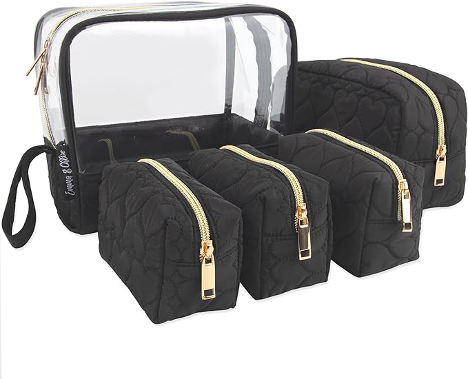 Emma & Chloe Travel Toiletry Bags for Women, 5 Piece Waterproof Cosmetic Case, Bag, Pouch Makeup Organizer Set for Women, Home Counters (Quilted Black Hearts)