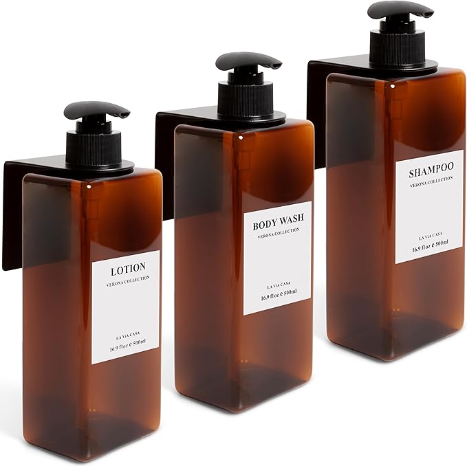 Shampoo and Conditioner Dispenser | 3 Plastic Amber 3 Wall Mount Black | Shampoo Dispenser with Waterproof Labels | No Drill | Shower Bottles Refillable with Pump