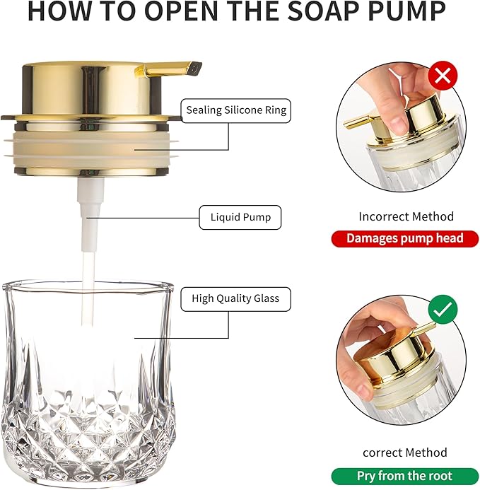 Glass Soap Dispenser,Bathroom Hand Liquid Soap Dispensers,Refillable Dish Soap Dispenser for Gold Pump,Lotion Dispenser for Bathroom,Kitchen (Clear/Gold Liquid Pump)