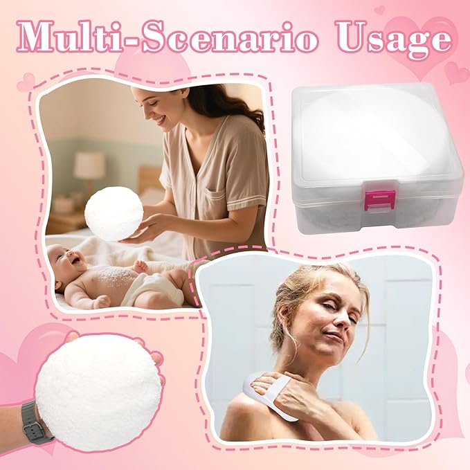2 Pcs Body Powder Puff Set, 2 Extra Soft 6-Inch White Powder Puffs (3-Inch & 1.5-Inch Thick) with Storage Box, for Baby Powder & Finishing Powder, Gentle Face & Body Application