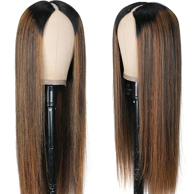 Highlight V Part Wigs Human Hair Straight Brazilian Virgin Human Hair Wigs Ombre Brown Upgrade U Part Wigs 180% Density Glueless Full Head Clip In Half Wig 20inch #FB30