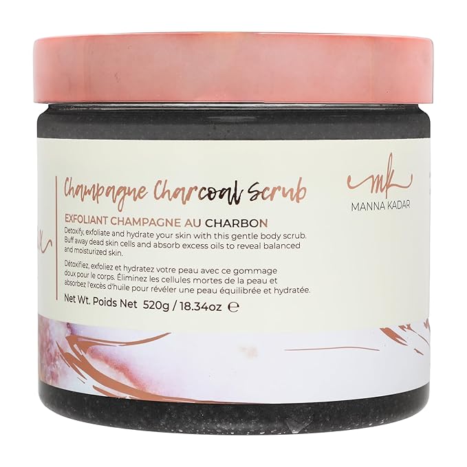 Manna Kadar Beauty Champagne Charcoal Scrub, 18.34 Oz - Detoxify, Exfoliate, Hydrate, Moisturize, Restore Skin, Gentle Body Scrubs, Leaves Skin Polished, Hydrated, & Refreshed, Buff Away Dead Skin