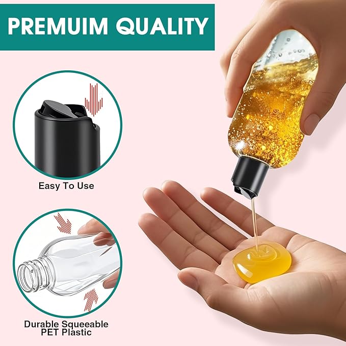 6 Pcs 16 oz Clear Plastic Empty Bottles with Black Disc Top Caps, Squeezable Refillable Shampoo Bottles Travel Cosmetic Containers for Lotions, Body Soap Cream