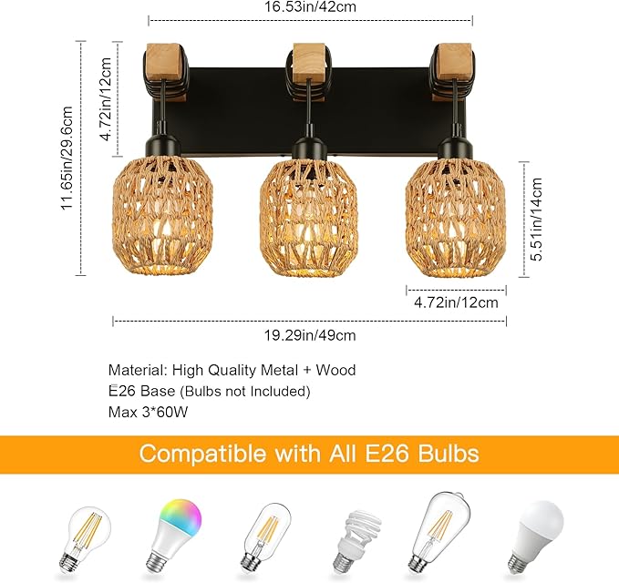 Bathroom Vanity Light Fixtures, 3-Light Farmhouse Bathroom Light Over Mirror, Rustic Boho Wood Sconces Wall Lighting with Woven Lampshade for Living Room, Bedroom, Hallway