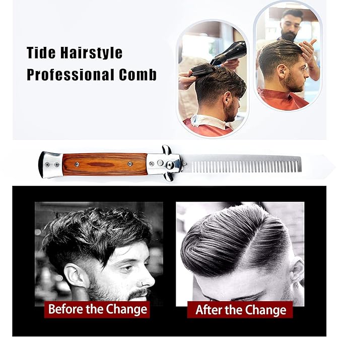 Folding Pocket Comb, Stainless Steel Beard Comb for Men, Switchblade Fine Tooth Mustache Combs Designed for Hair Salon Beauty Tool (Wood Color)