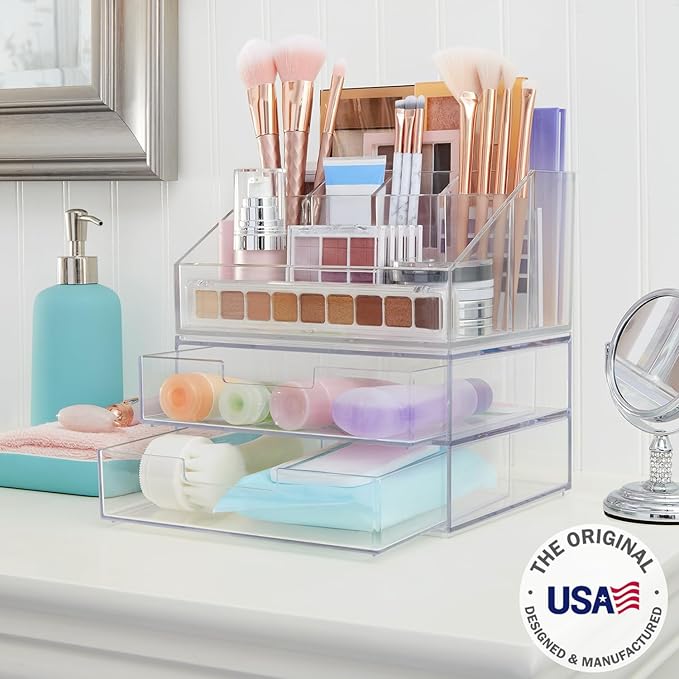 STORi Chloe Stackable Makeup Holder & Drawer Organizer Set, Clear, BPA-Free Plastic, Made in USA, Organize Brushes, Cosmetics & Beauty Essentials