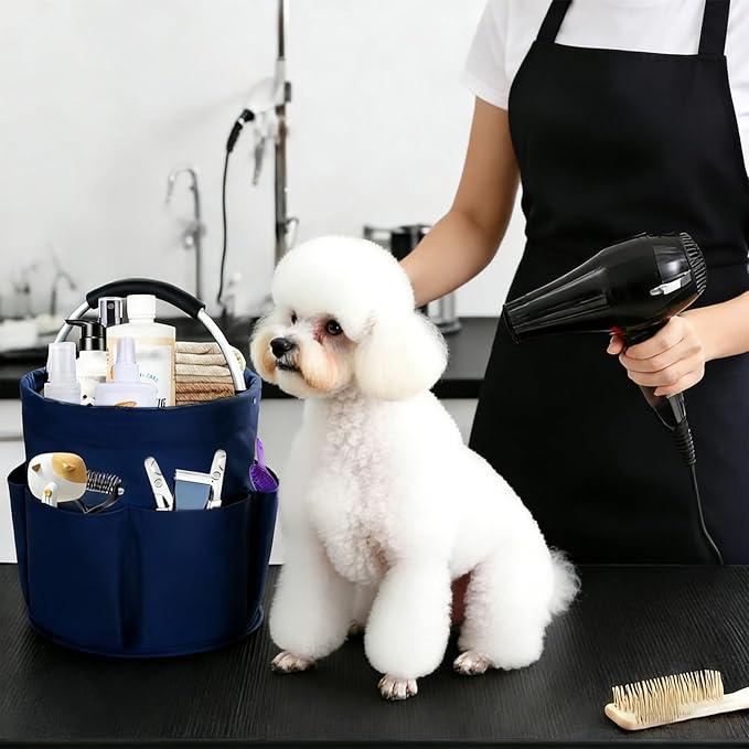 Felt Pet Dog Grooming Bag, Small Pet Grooming Tote Bag, 6-pocket Dog Grooming Supplies Organiser, Travel Outdoor Hold for Clippers Nail Grinder, Cleaning Brush, Trimmer, Nozzle, Blue