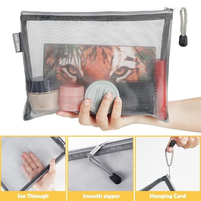 6 Pack Mesh Cosmetic Bags, Nylon Makeup Pouches with Zipper for Home Office Purse Diaper Bag (Grey)