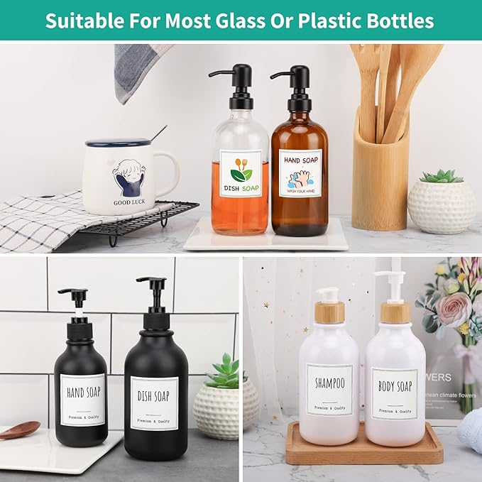 Segbeauty Bathroom Organization Labels, 18pcs Waterproof Soap Dispenser Bottle Label Stickers, White Removable Self-Adhesive Stickers for Shampoo Conditioner Hand Soap Lotion Dish Wash Bottles