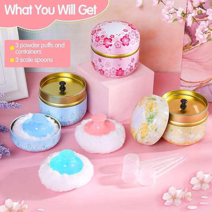3 Pieces Body Powder Puff and Container, Baby Powder Container Floral Pattern with Large Fluffy Plush Puff Spoon, Baby Woman Loose Dusting Powder Tea Box for Home & Travel Use (Pink, Blue and Yellow)