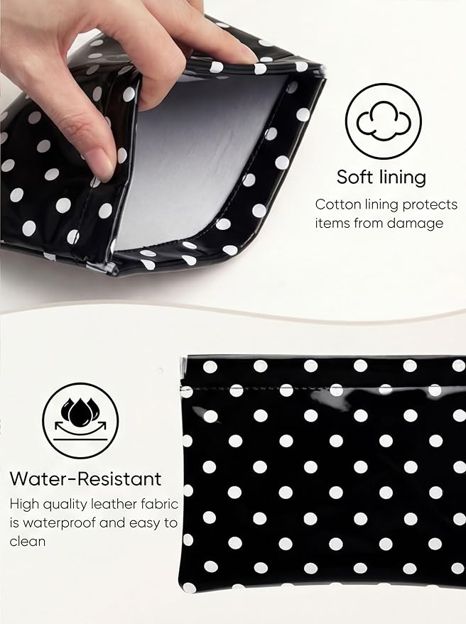 Dots Leather Makeup Pouch Set for Women Small Make Up Bag for Purse Waterproof Initial Makeup Cosmetic Bags Pouches for Purse Aesthetic Travel Toiletry Bag,Black White