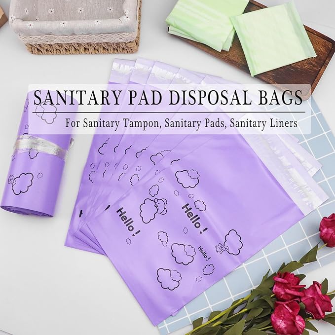 Cute Purple Sanitary Pad Disposal Bags - Pack of 200, 7x12inches Opaque Feminine Hygiene Disposal Bags for Tampons, Liners