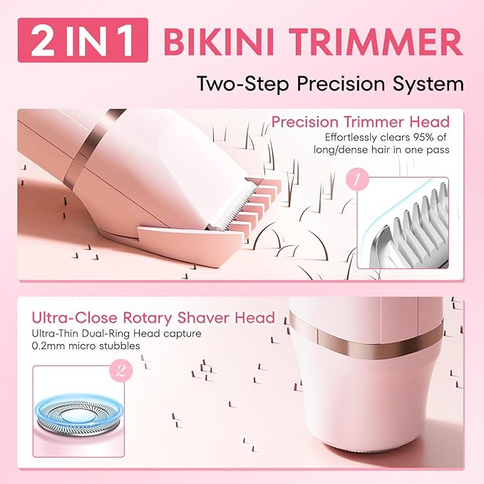 VG VOGCREST Bikini Trimmer for Women: Rechargeable 2-in-1 Painless Body Shaver for Leg Arm Underarm with Length Combs - Portable Travel Friendly Pubic Grooming Kit with Charging Dock (Light Pink)