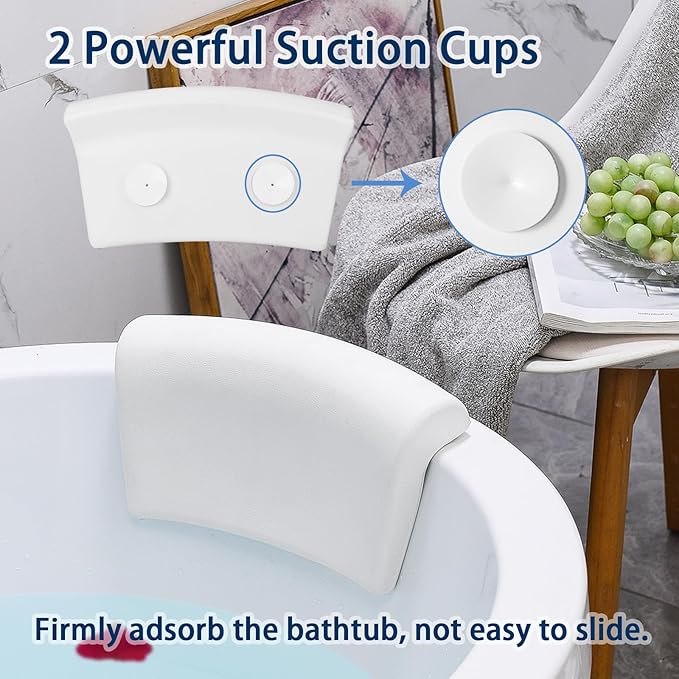 Bath Pillow, Bath Pillows for Tub with Head, Neck and Shoulder Support, Ergonomic Waterproof Bathtub Pillow with Strong Non-Slip Suction Cups, Relaxing Spa, Hot Tubs, Bathroom Essentials White