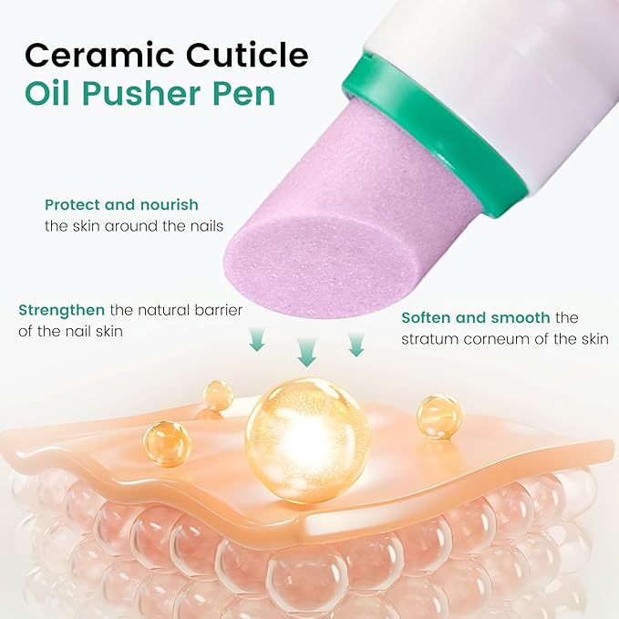 Ceramic Cuticle Oil Pusher Pen: 3-in-1 Nail Cuticle Buffer Pens with Cuticle Nipper for Hangnails, Dry & Damaged Nails, Moisturize Strengthen Brighten Nails Care