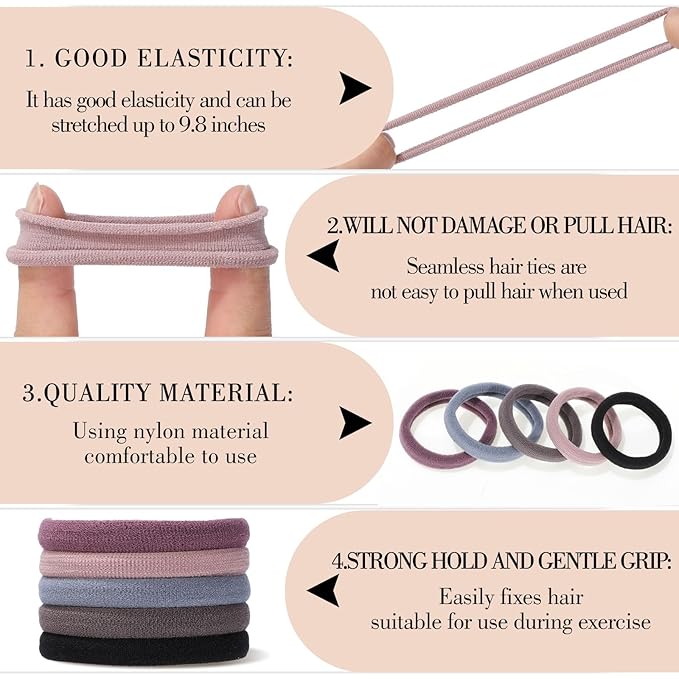 obeoby 100PCS Hair Ties for Thick Hair, Seamless Nylon Elastic Ponytail Holders, Bulk Black Hair Bands & Elastics for Women Girls
