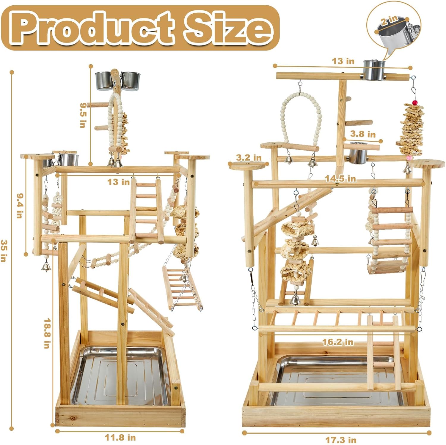 Bird Playground - Natural Wood Parrot Playstand with Perches, Bird Play Gym & Accessories, Removable Tray & 4 Stainless Steel Cups