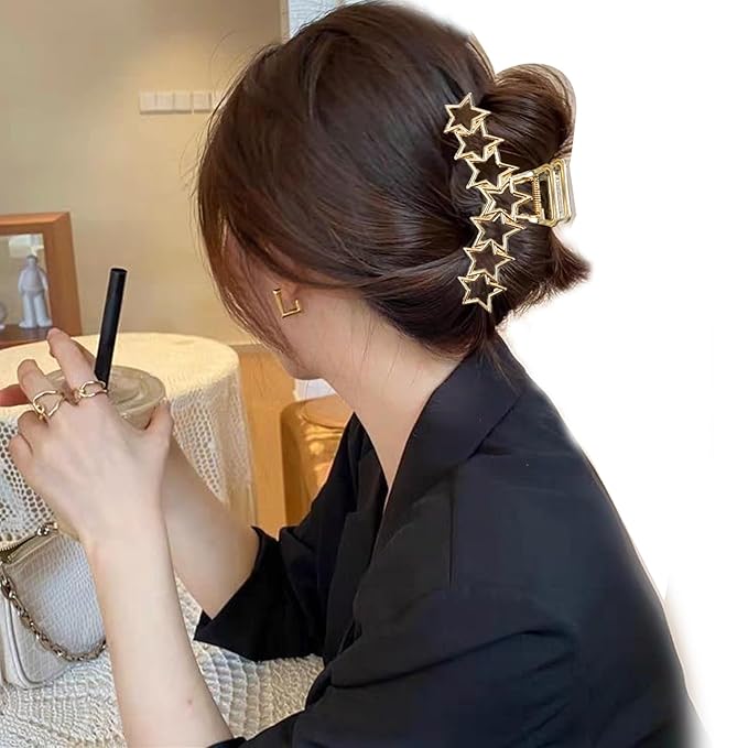 2PCS Y2k Metal Hair Claw Clips Star Hair Clips for Women Big Nonslip Design Claw Hair Clips for Thick and Thin Hair Stitching Silver Gold Large Hair Accessories for Women
