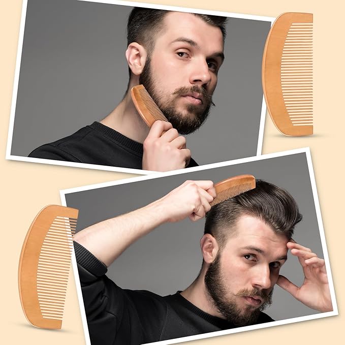 10 Sets Natural Boar Bristle Brush, Pear Wood Dual-Sided Wide Tooth Comb, Travel Pouch - Beard Grooming Kit for Men's Beard Care, Valentine's Gift (Rectangle)