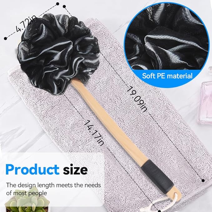 Long Loofah with Handle, Back Scrubber for Shower, Loofah on a Stick (19.09"), Black & White 4.72" Jumbo Mesh PE Pouf, Waterproof Coated Wooden Handle, Non-Slip Grip, Hanging Loop, Men & Women