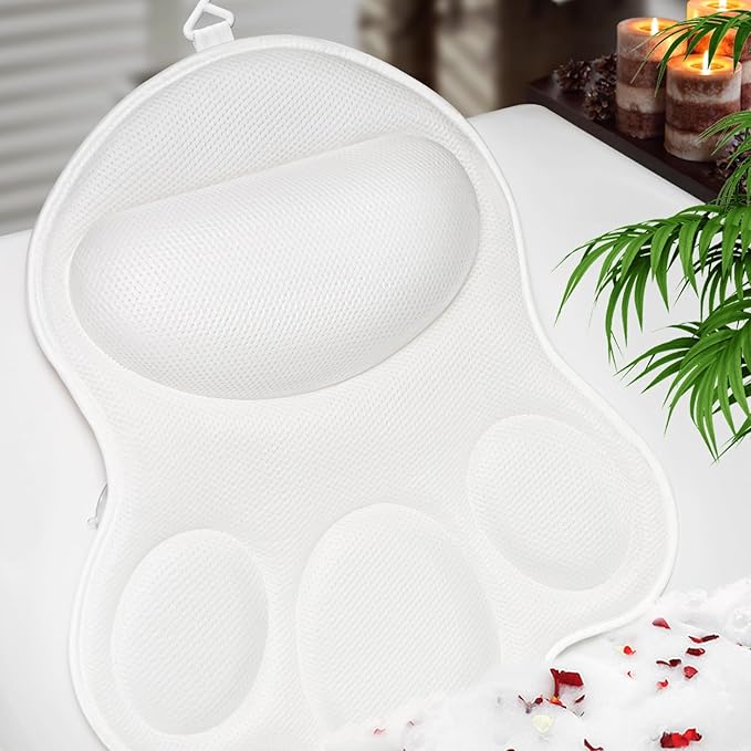 Bath Pillows for Tub Neck and Back Support - Upgraded Non-Slip Rubber Backing & 6 Suction Cups, 4D Air Mesh Spa Bathtub Cushion for Head Rest, Machine Washable with Laundry Bag & Hook(White)