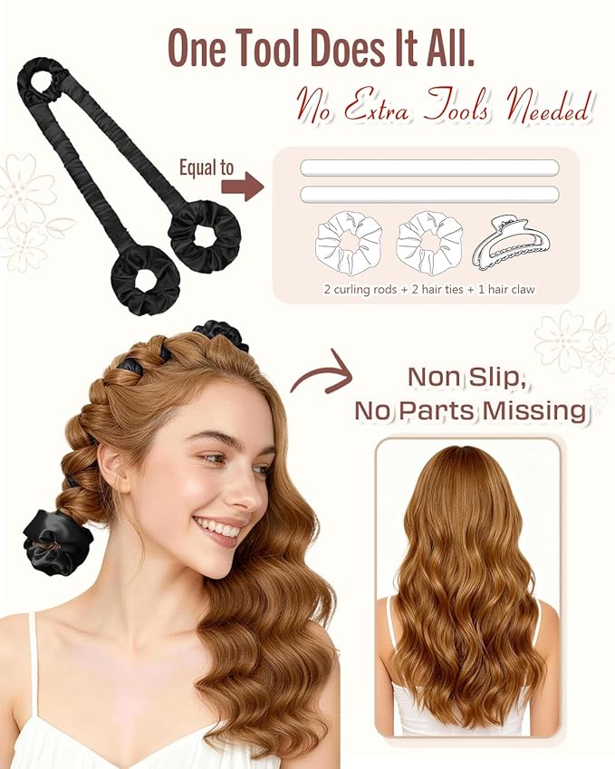 BONNET QUEEN Heatless Hair Curler for Heatless Curls Overnight, All-in-One Sleepy Tie Satin Curling Rod, Hair Curlers to Sleep In, Overnight Blowout Rods, Hair Rollers for Women Long Hair, Black
