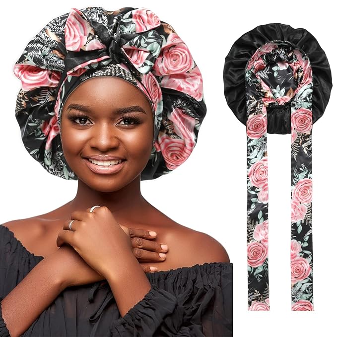 Satin Bonnet Reversible Silk Hair Bonnets for Curly Hair - Double Layer Night Cap with Tie Band - Black Pink Rose + Black