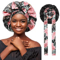 Satin Bonnet Reversible Silk Hair Bonnets for Curly Hair - Double Layer Night Cap with Tie Band - Black Pink Rose + Black