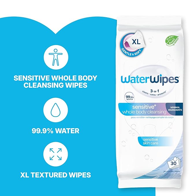 WaterWipes Sensitive Whole Body Cleansing Wipes, 99.9% Purified Water, XL Textured Wipes, Incontinence Care, Fragrance Free, 720 Count (24 Packs)