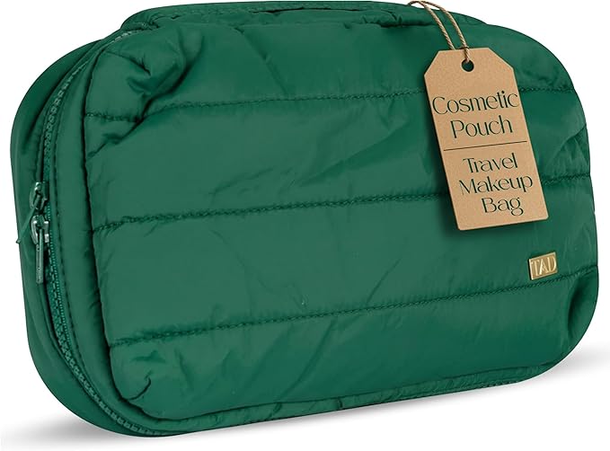 TAD Beauty Makeup Bag Organizer - Puffy Travel Cosmetic Pouch for Women & Teens - Toiletry Case with Zippered Mesh Pocket, Large Capacity Lash Tool Storage, Soft Holder for Skincare Essentials - Green